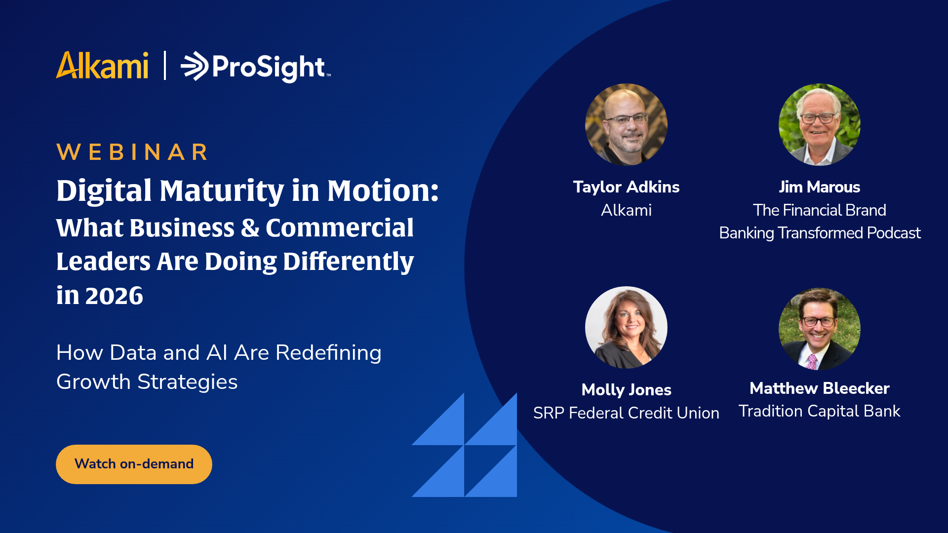Hero banner for a webinar: Alkami | ProSight with title 'Digital Maturity in Motion: What Business & Commercial Leaders Are Doing Differently in 2026' and speakers' headshots on the right.
