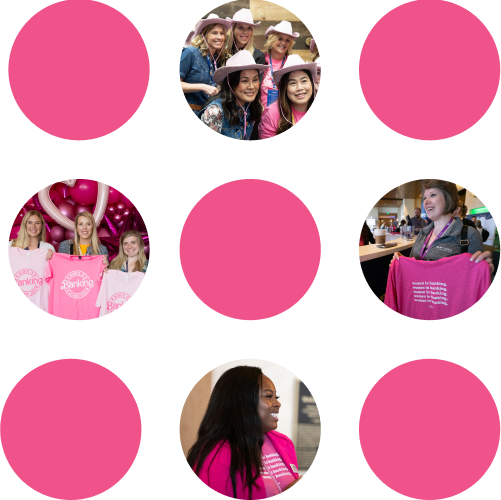 Circular collage with pink circles on a black background, featuring five photos of smiling women in pink shirts and hats in round frames.
