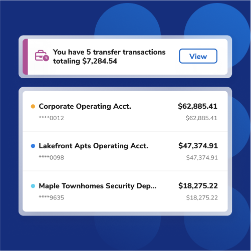 Notification banner: You have 5 transfer transactions totaling $7,284.54 with a View button.