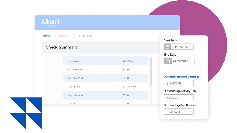 Alkami Financial dashboard showing a Check Summary with outstanding balance and activity total panel on the right.