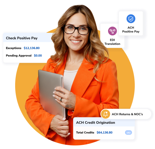 Businesswoman in orange blazer holding a tablet with floating banking feature panels (Check Positive Pay, ACH Translation, Returns, and Credit Origination).