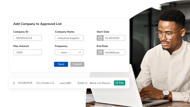 Modal form titled 'Add Company to Approved List' with fields for Company ID, Company Name, Start Date, End Date, Max Amount, Frequency, and action buttons (Save, Cancel); a masked date picker and dropdowns are visible; a man with a laptop sits in the background.