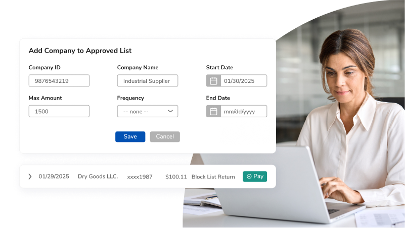 Pop-up form 'Add Company to Approved List' with fields and Save button; woman works on laptop in the background.