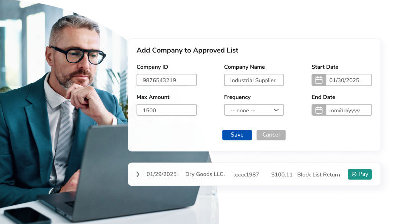 Businessman in a teal suit and glasses works on a laptop beside a floating 'Add Company to Approved List' form showing fields for Company ID, Company Name, Start Date, End Date, Max Amount, Frequency, and Save/Cancel buttons; a lower payment bar lists date, vendor, amount, and a green Pay button.