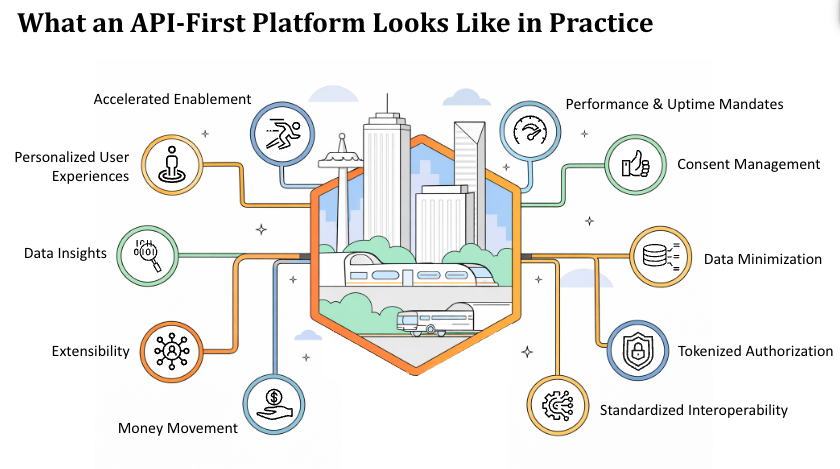 Illustration showing how open banking APIs improve secure connections, consent management, interoperability, and digital banking experiences for consumers and fintechs.