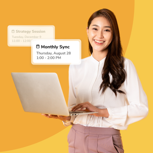 Woman in a white blouse holds a silver laptop; floating calendar cards show 'Monthly Sync' and 'Strategy Session' on an orange background.