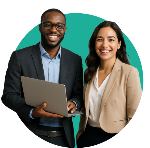 Two smiling professionals stand side by side; man in a suit holds a laptop, teal circular backdrop behind them.