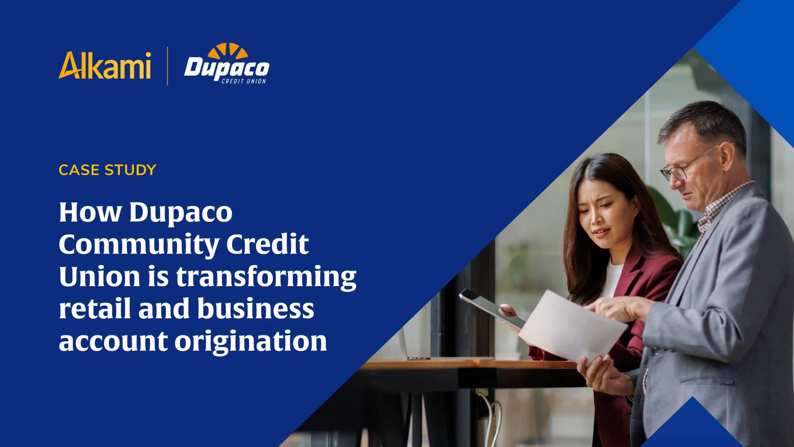 Case study cover with Alkami and Dupaco logos on blue background; two professionals review documents together in a branded header image.