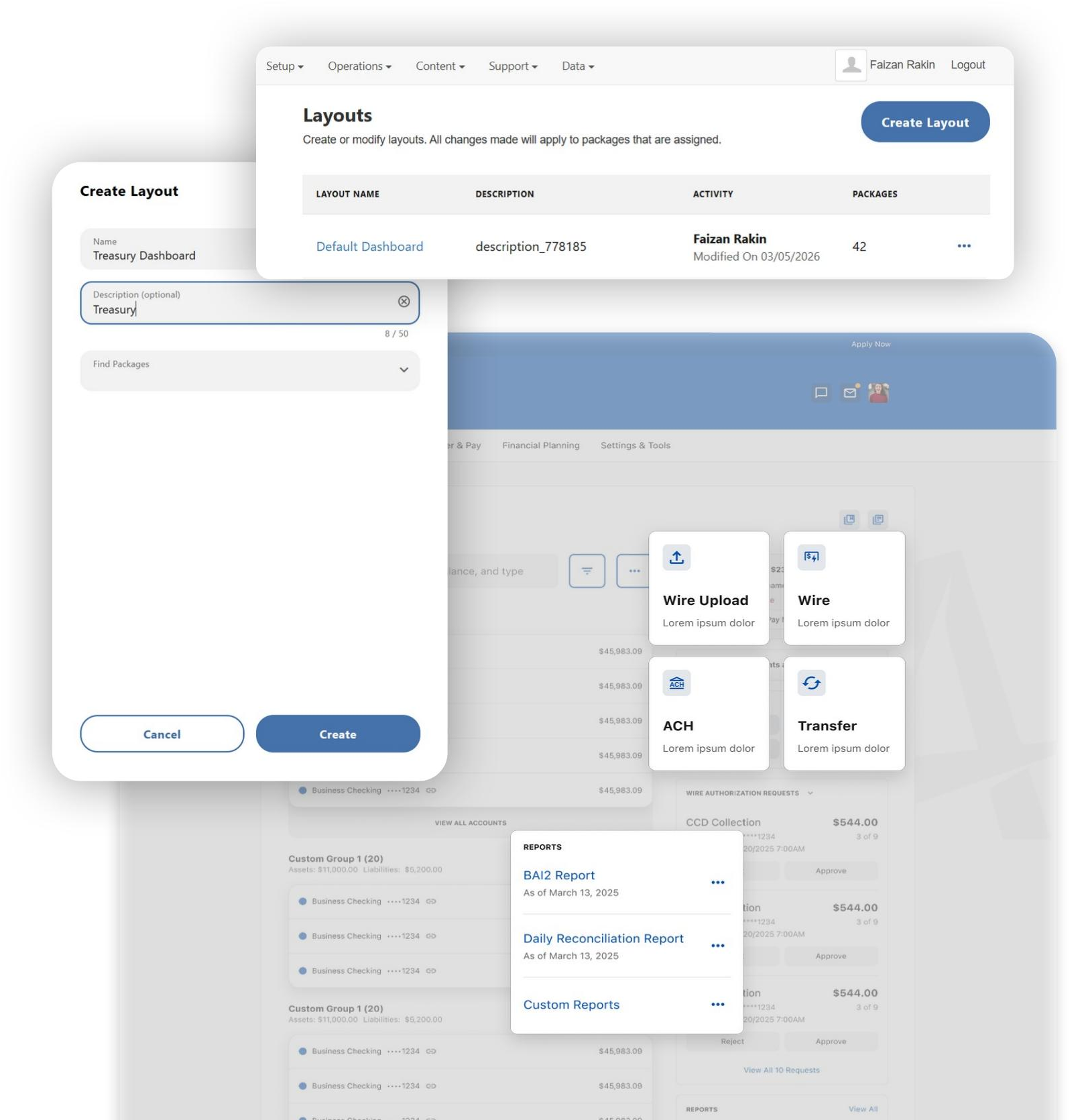 Marketing slide: blue background with ‘Commercial Dashboard MVP’ and bullet features on the right, and mockups of dashboard UI on the left.