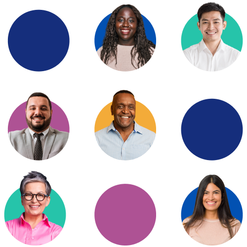 A 3x3 grid of circular avatars on a black background; six are photos of people, three are solid-color circles.