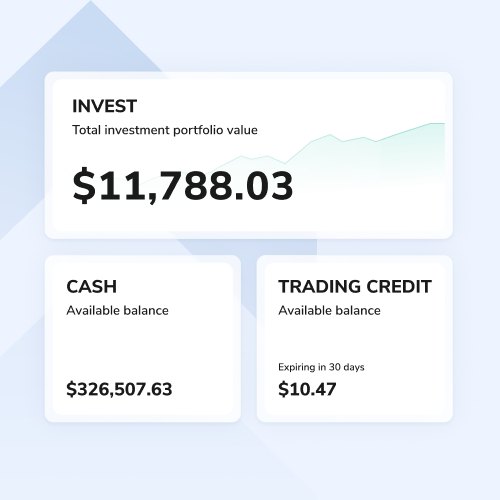 Dashboard card showing financial summary: Invest total $11,788.03 with a graph, plus cash balance $326,507.63 and trading credit $10.47 expiring in 30 days.