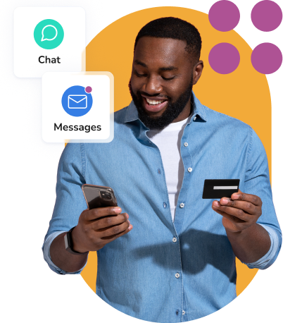 Smiling man in a blue shirt holds a smartphone and a credit card, with floating Chat and Messages icons.