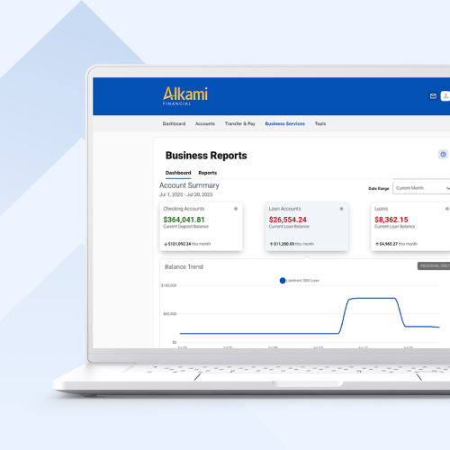 Laptop screen shows the Alkami Financial dashboard on the 'Business Reports' page, featuring account summary cards and a balance trend graph.