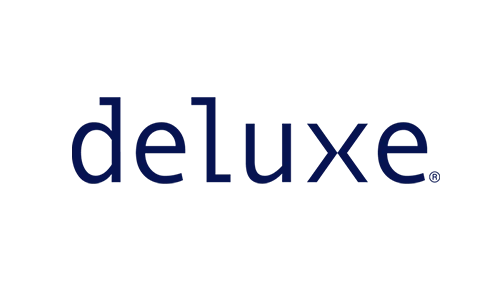 Deluxe wordmark logo in dark blue on a white background with a black highlight behind the text