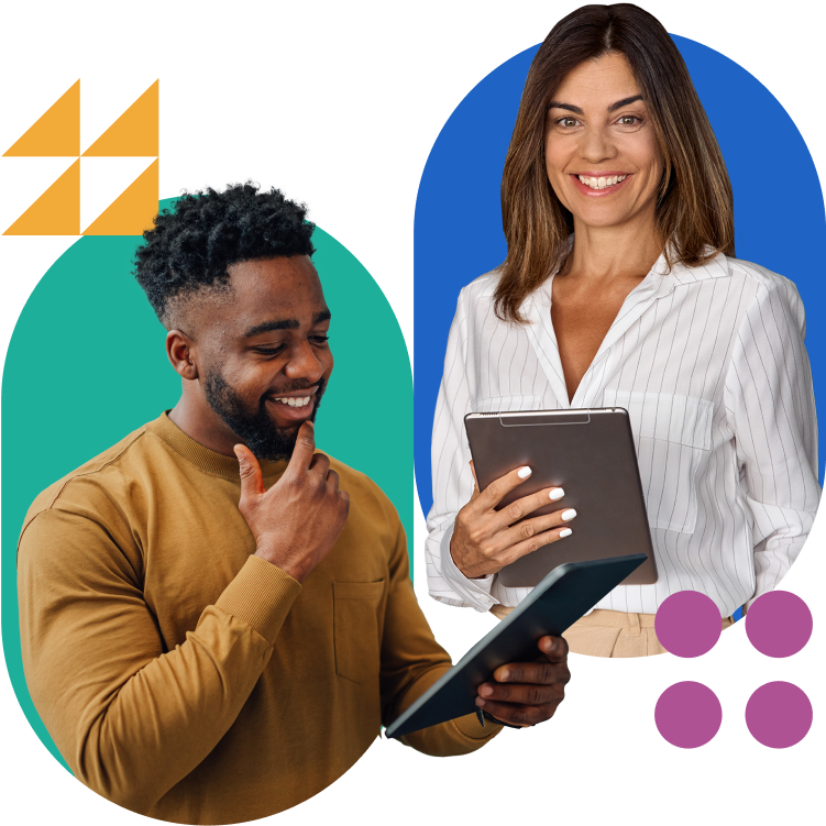 Two colleagues stand with tablets, smiling as they discuss something, against a bold, colorful abstract background.