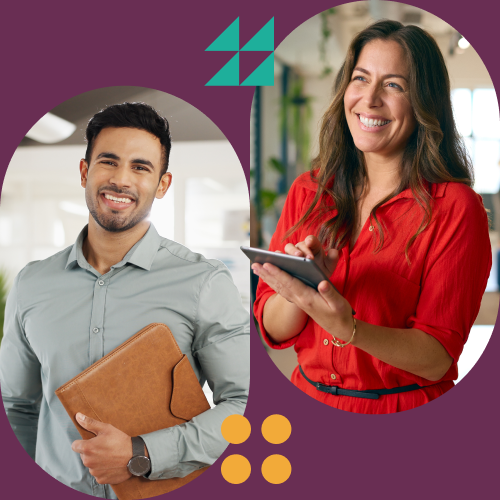 Two smiling coworkers in circular frames on a purple background; man holds a folder, woman uses a tablet.