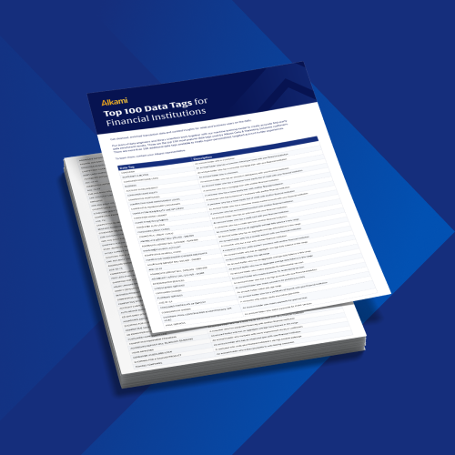 Two overlapping financial reports on a blue background; the top page reads 'Top 100 Data Tags for Financial Institutions' (Alkami).