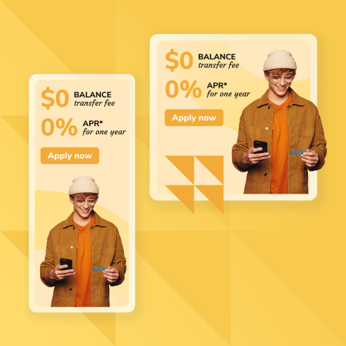 Promotional illustration of a man in an orange jacket holding a phone and a card, with two promo cards showing $0 balance transfer fee and 0% APR for one year (Apply now).