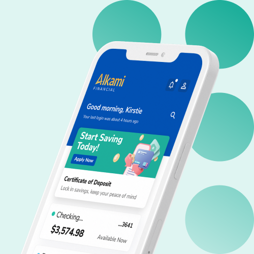 Smartphone screen showing the Alkami Financial app with a greeting, a 'Start Saving Today!' banner, and an account balance; includes a certificate of deposit section and promo image.