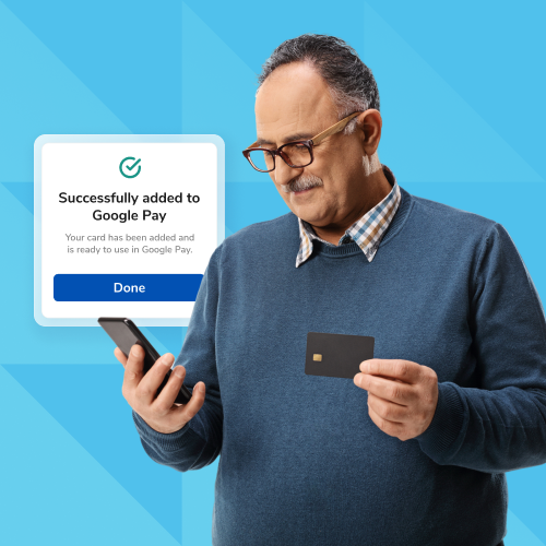 Man holding a card and looking at his phone, with a Google Pay success dialog that says 'Successfully added to Google Pay' and a Done button.