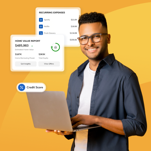 Smiling man with a laptop beside floating financial dashboards showing home value and expenses on a yellow background.