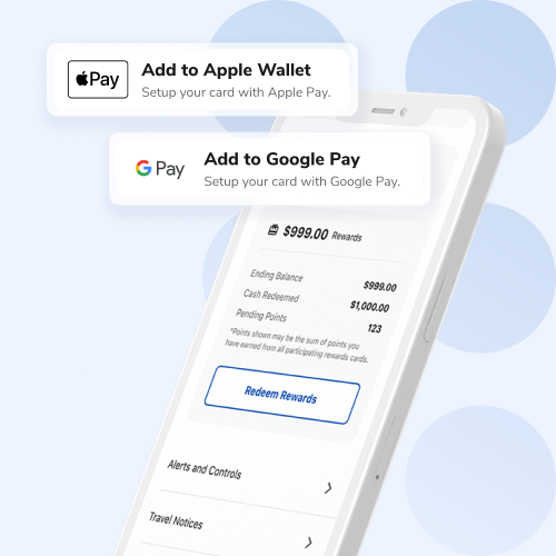 Phone screen showing Add to Apple Wallet and Add to Google Pay prompts over a rewards dashboard on a light background.