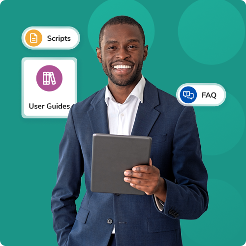 Smiling man in a navy suit holding a tablet, with floating help labels: Scripts, User Guides, and FAQ icons around him.