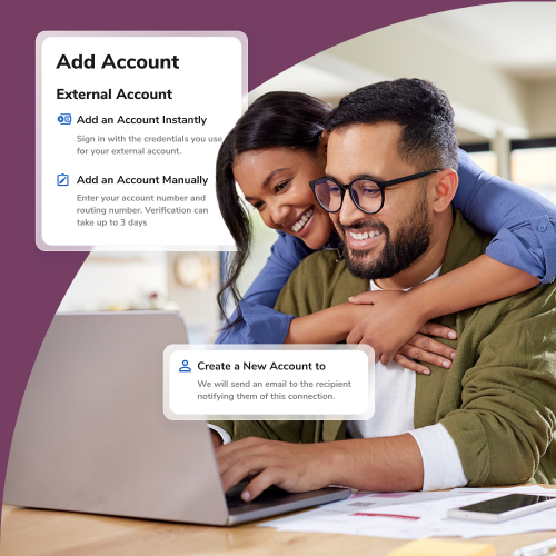 Couple smiling at a laptop with onboarding panels about adding external accounts on screen.