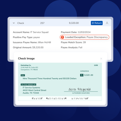 UI showing a check details panel with account/amount info and a circled note: 'Loaded Exemption: Penny Discrepancy' overlaid with a sample check image beneath.
