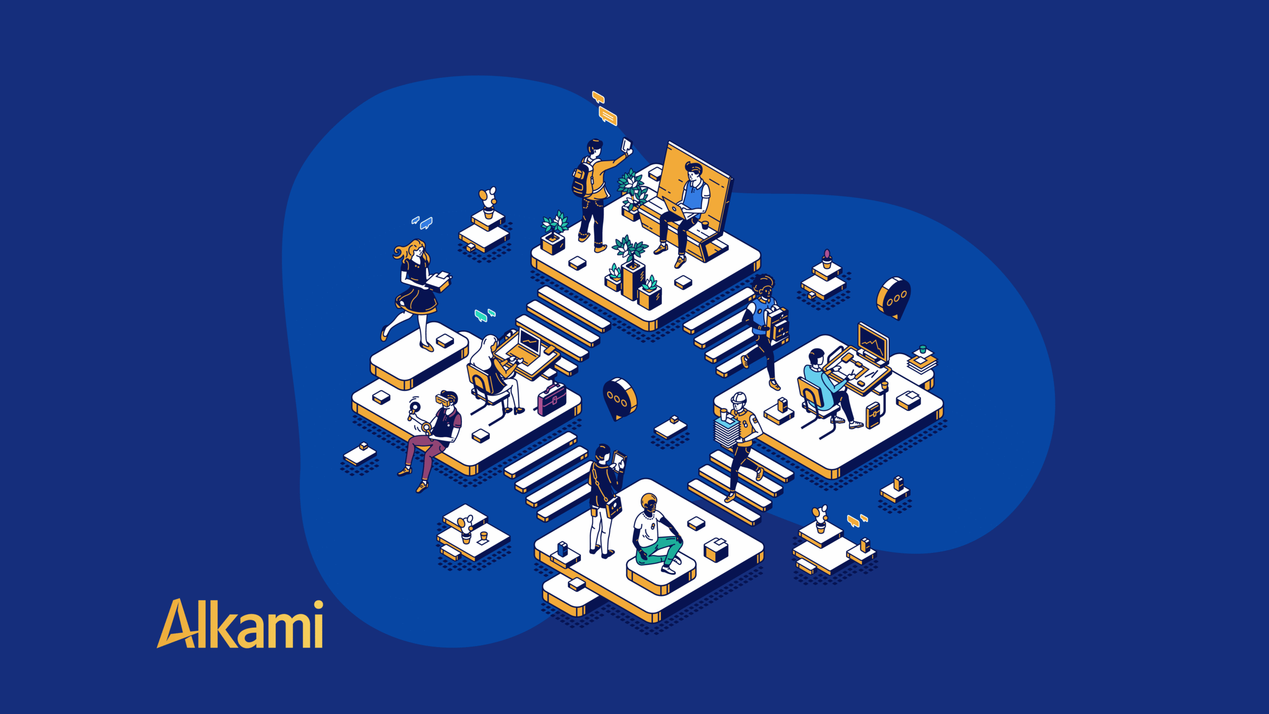 People collaborating on elevated platforms with laptops and plants in a stylized isometric office scene for a tech company.