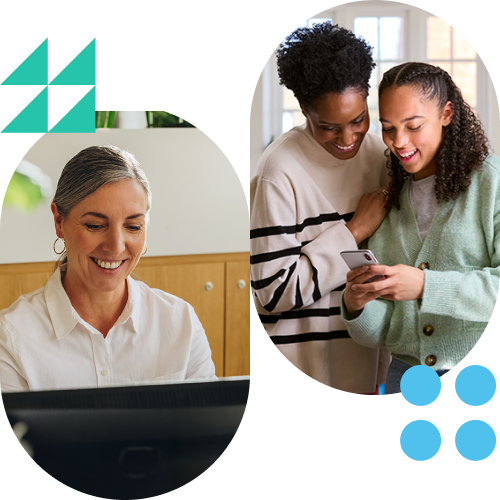 Two scenes: a smiling professional woman at a computer on the left and two young women looking at a smartphone together on the right.
