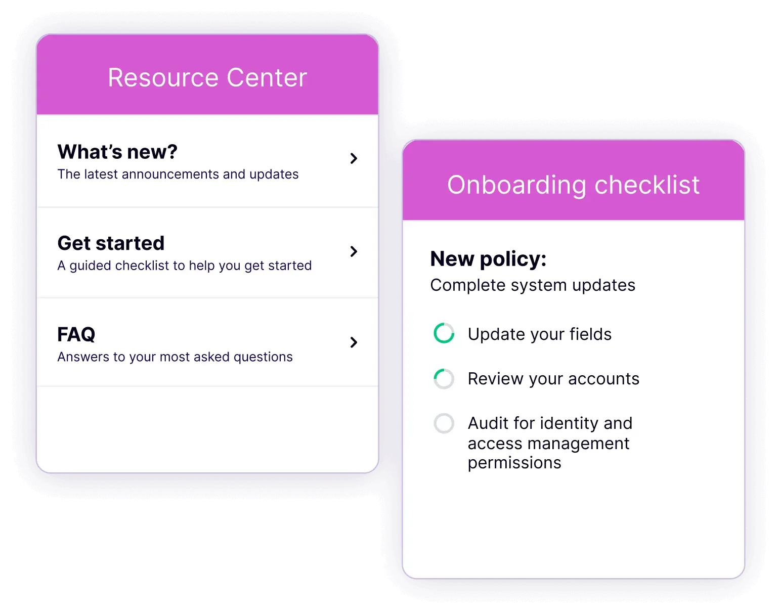 Onboarding checklist within digital banking solutions, guiding users through key setup tasks like updating information, reviewing accounts, and managing permissions for a smooth start.