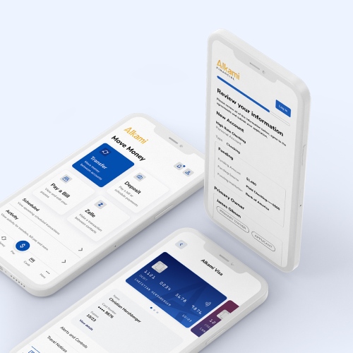 Three smartphones show a fintech app UI on a light blue background: Move Money, card details, and information review screens.