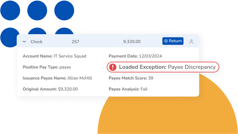 Payment check details panel showing a 'Loaded Exception: Payee Discrepancy' warning near payee and amount fields for IT Service Squad (12/03/2024).