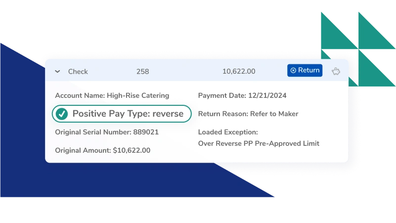 UI card with check details: Positive Pay Type: reverse, account High-Rise Catering, payment date 12/21/2024, return reason Refer to Maker, original amount $10,622.00, serial 889021, status check mark shown.