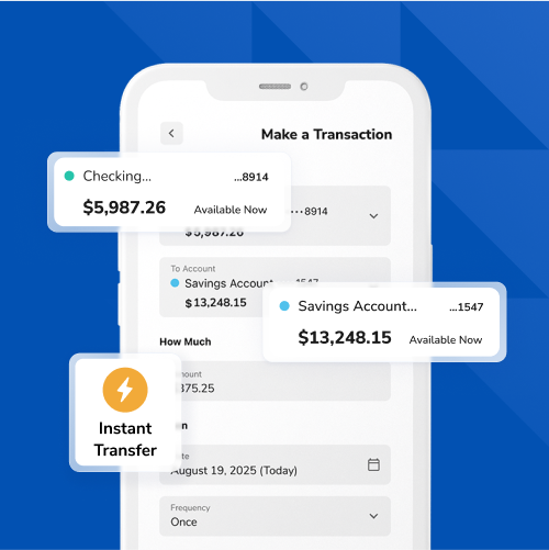 Phone screen showing a banking app with transaction panels, including $5,987.26 available now and $13,248.15 for savings, on a blue geometric background.