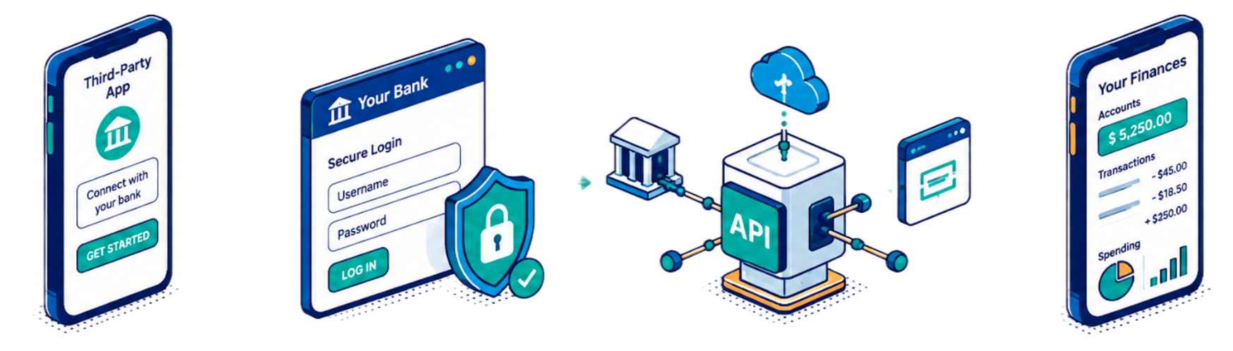 Diagram showing secure data sharing through open banking APIs, replacing screen scraping with authenticated connections between banks, third-party apps, and consumer financial dashboards.