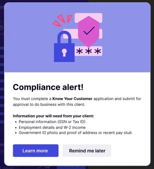 Compliance alert notification within a digital banking platform, guiding users through identity verification steps and security requirements to ensure safe, compliant account activity.