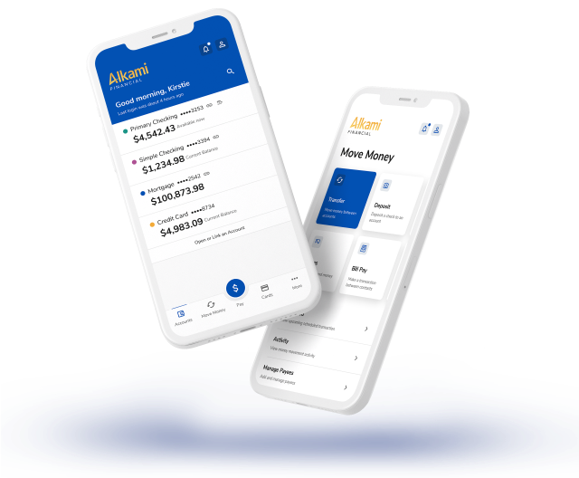 Two smartphones angled to display the Alkami Financial banking app: left screen shows account balances, right screen shows Move Money options.