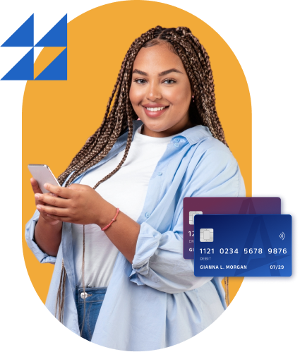 Smiling young woman with braided hair in a light blue shirt, holding a smartphone; two blue credit cards overlap the image.