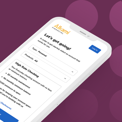 Smartphone tilted showing Alkami Financial app signup screen with 'Let's get going!', dropdowns for Type and Products, and a blue Log in button.