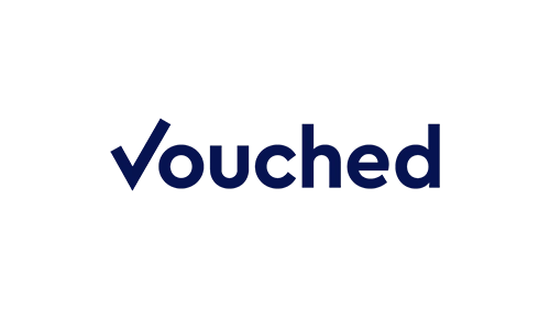 Vouched wordmark logo in blue on a dark background.