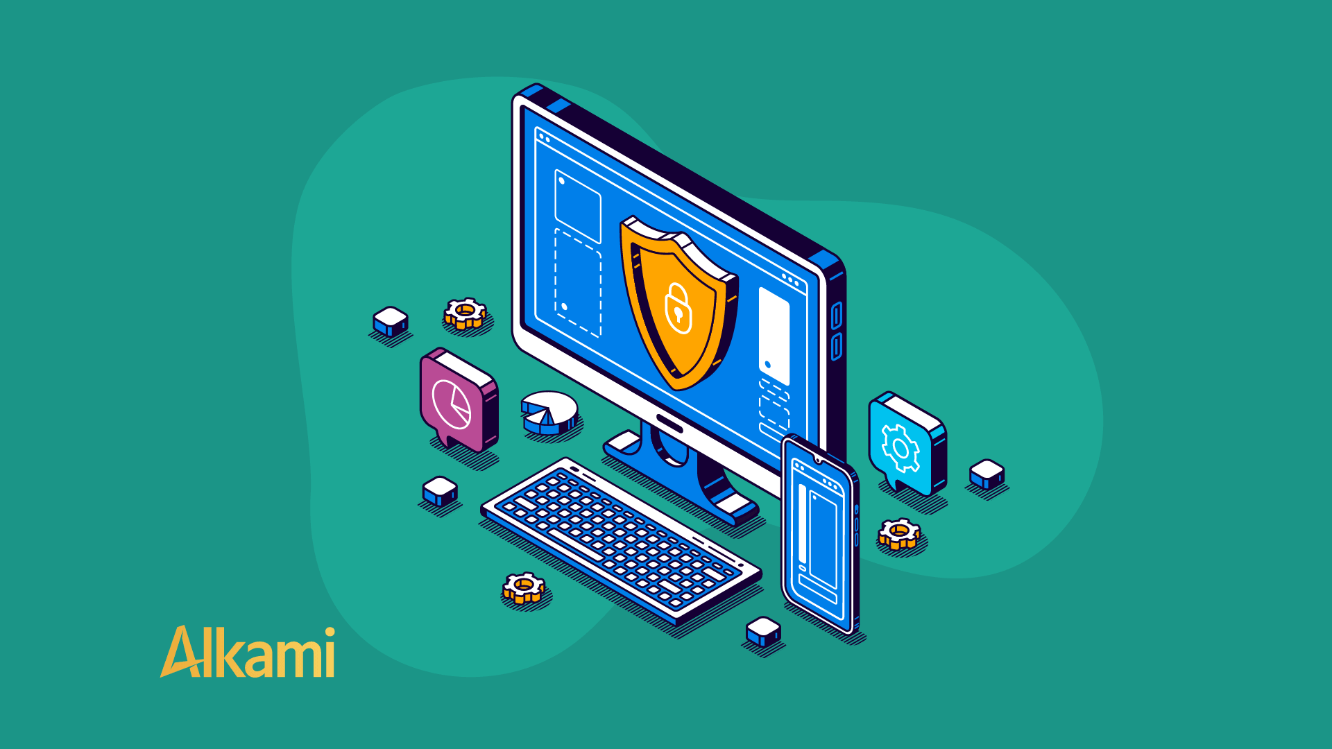 Isometric illustration of a computer monitor with a shield symbolizing cybersecurity, surrounded by gadgets and gears (Alkami logo bottom left).