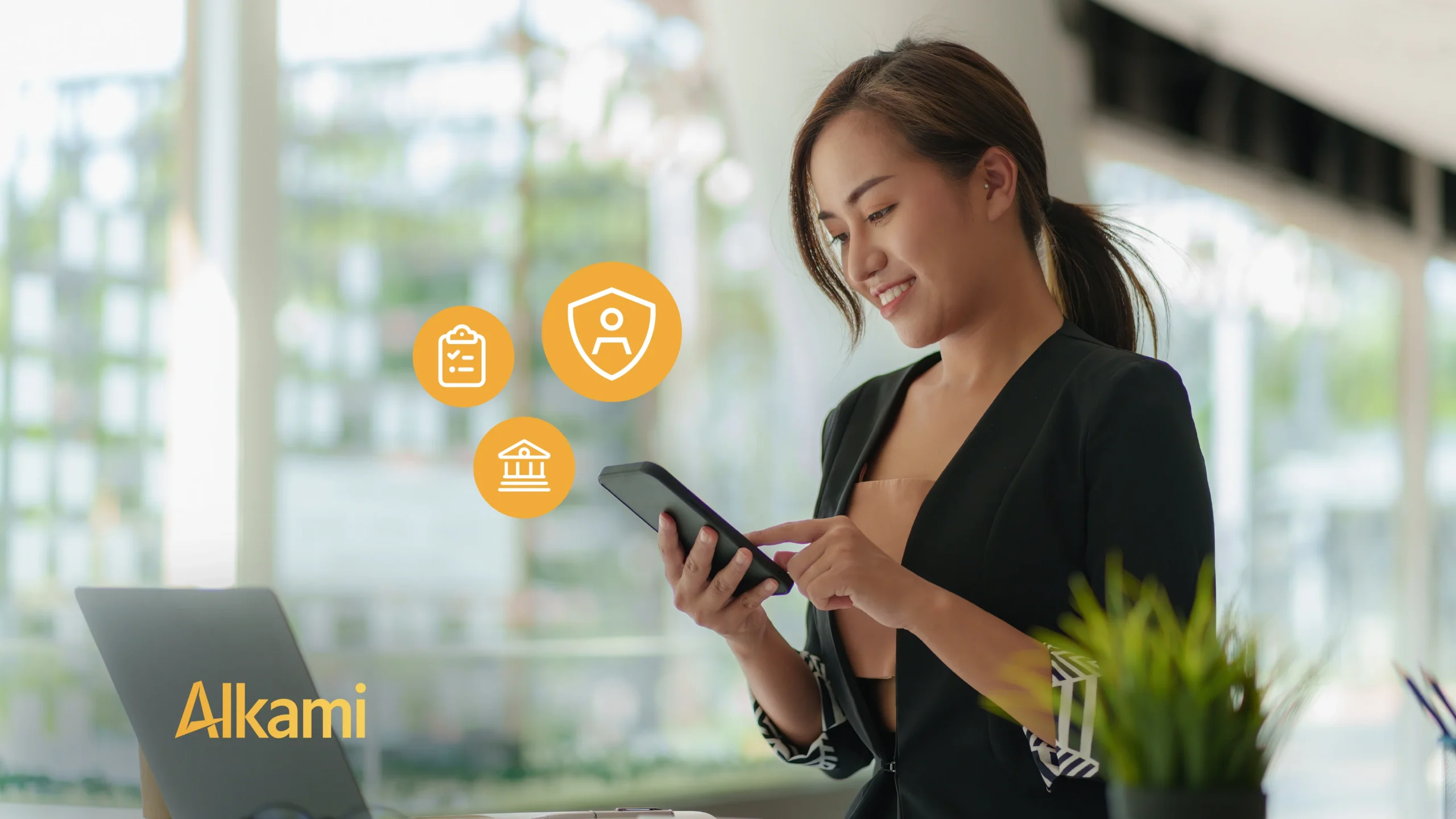 Professional woman using a smartphone with three orange finance icons (clipboard, shield, bank) hovering nearby; Alkami logo bottom-left.