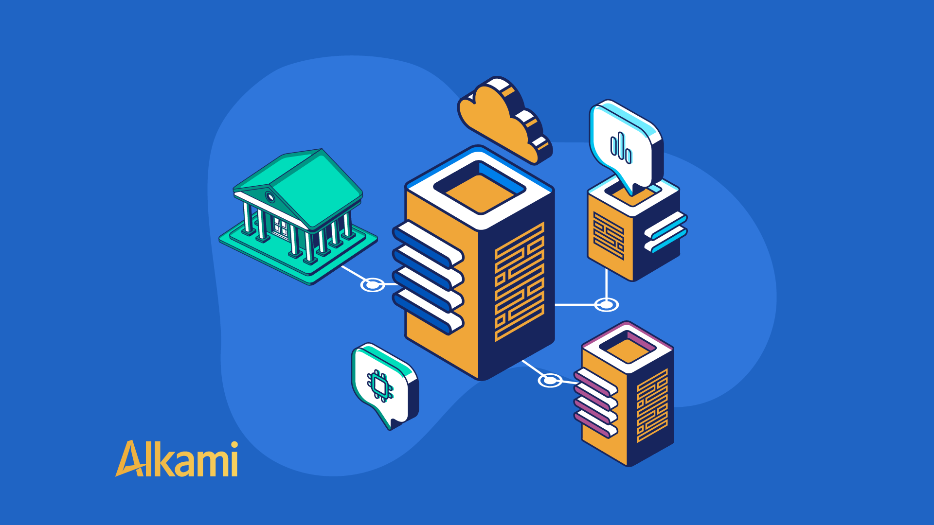 Isometric illustration of stacked books connected to a bank building and cloud icons on a blue background (Alkami).