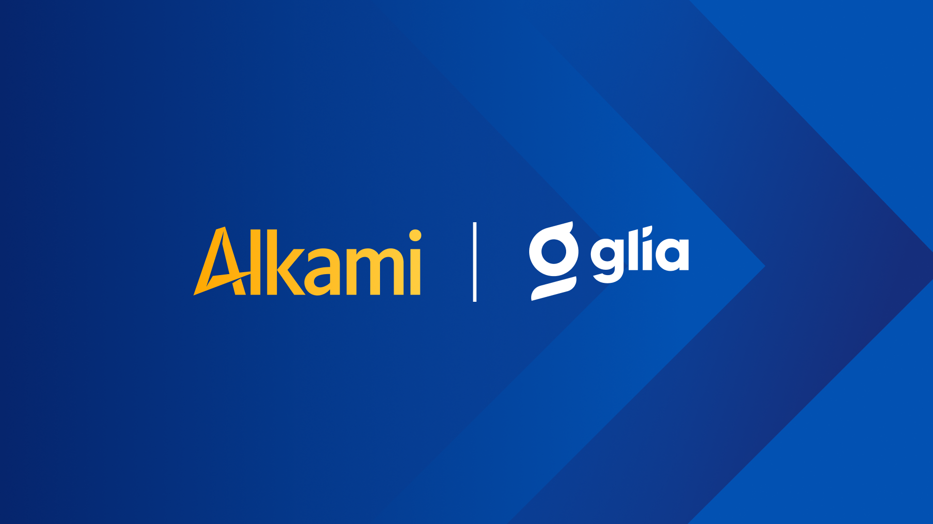 Alkami and Glia logos side by side with a vertical divider on a blue geometric background