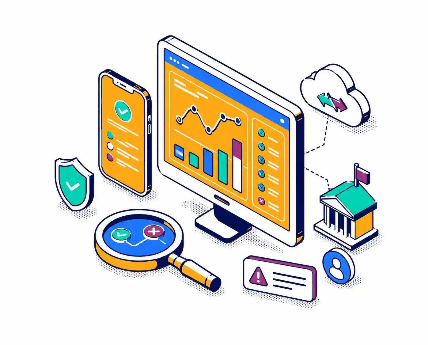 api-integration-health_compressed - Alkami Technology Illustration showing open banking APIs monitoring integration health, failed connections, uptime, and account-linking visibility across connected banking platforms.
