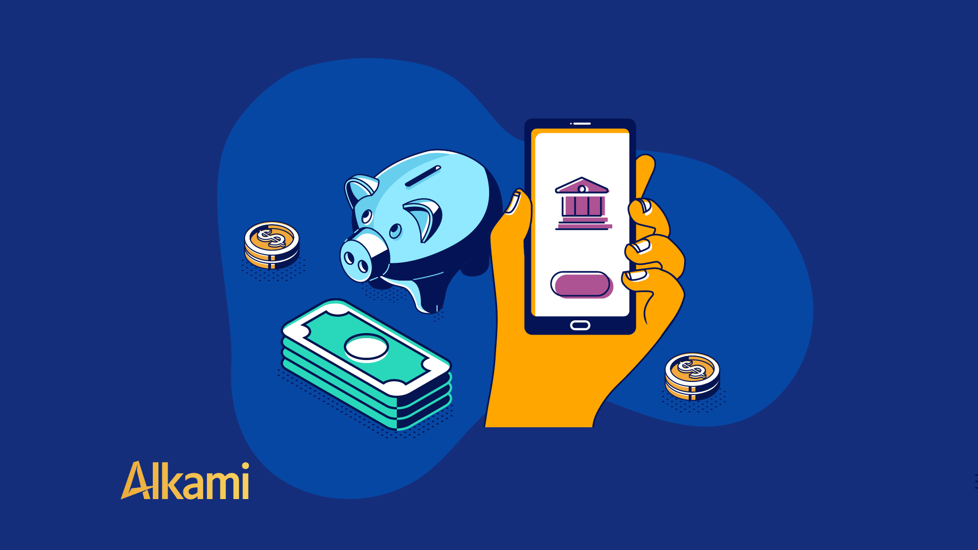 Orange hand holding a smartphone displaying a bank building icon, with coins and cash around it on a blue background, indicating mobile banking.