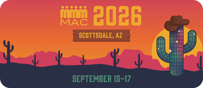 MAC 2026 conference banner for Scottsdale, AZ, with a desert scene and a cactus wearing a cowboy hat; dates September 15–17.