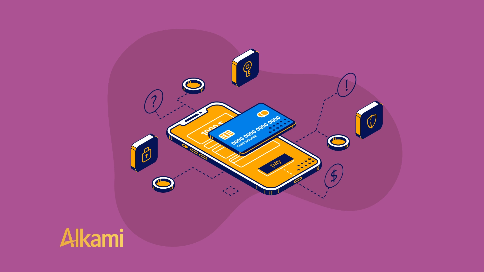 Isometric illustration of a smartphone with overlapping yellow and blue cards and security icons connected by dotted lines on a purple background.